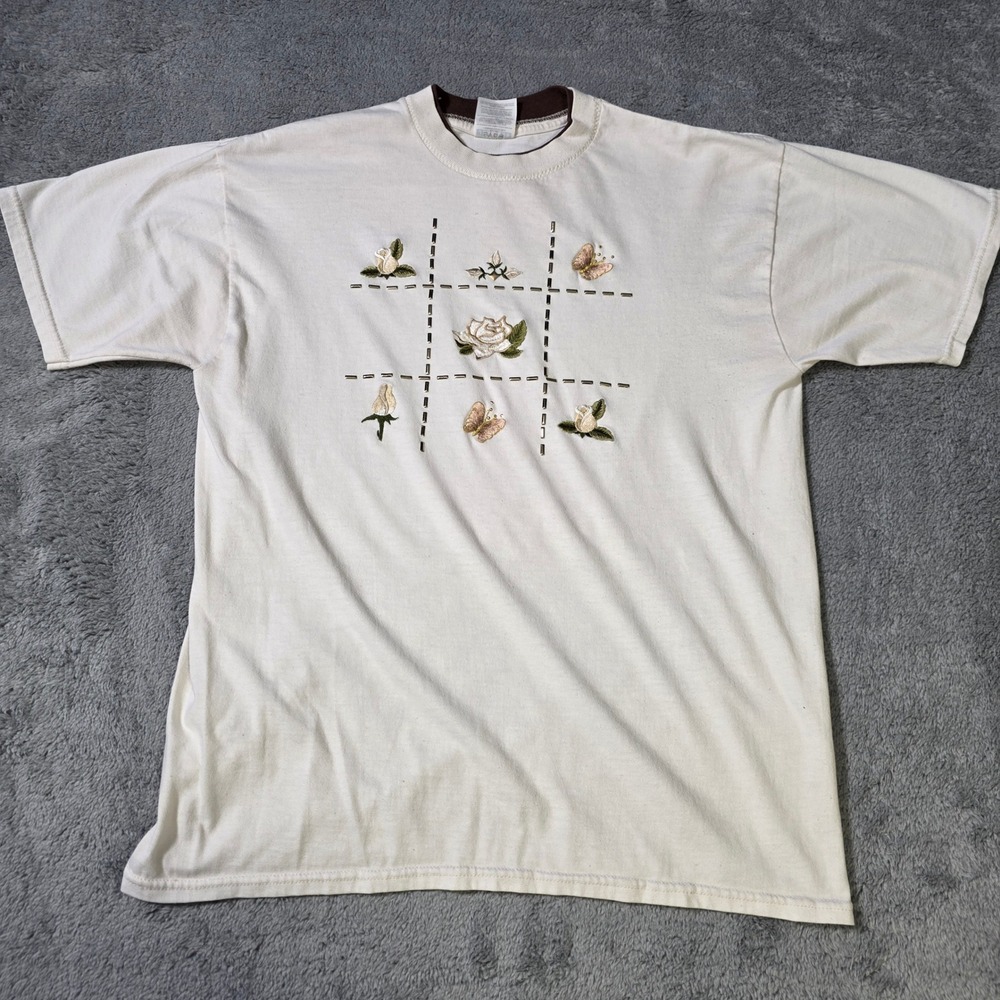Jerzees Womens‎ L T-Shirt Cream Embroidered Rose Butterfly Studded Heavyweight